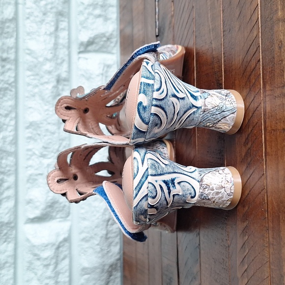 Nwot Lartiste Spring Step Blue Floral Leather Open Toe Heel Sandal Size 9 - Picture 5 of 8